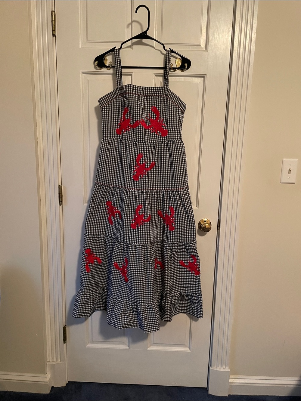 Black-and-White Gingham Dress with Red Lobster Appliqués